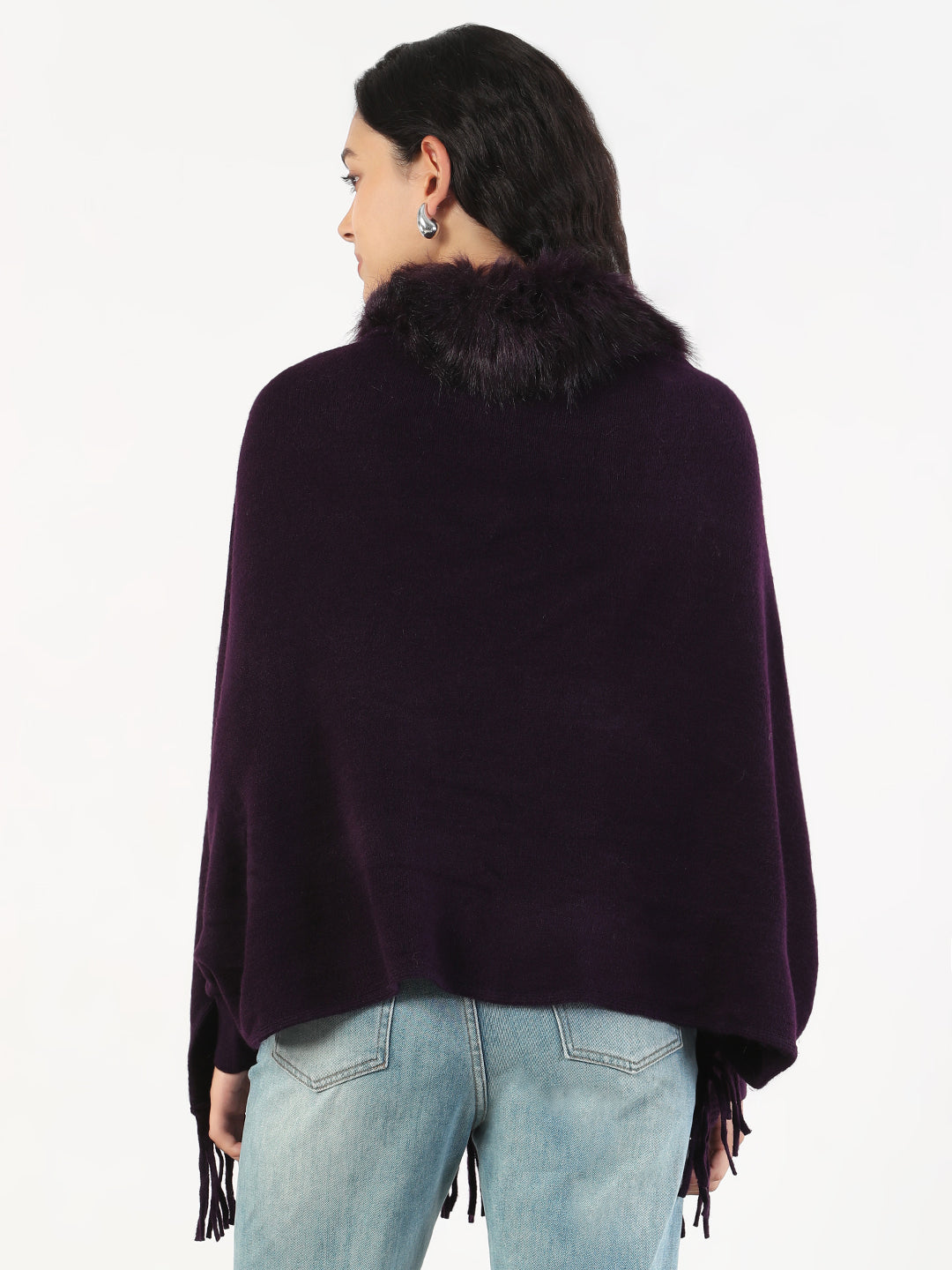 Women V-Neck Solid Purple Longline Poncho