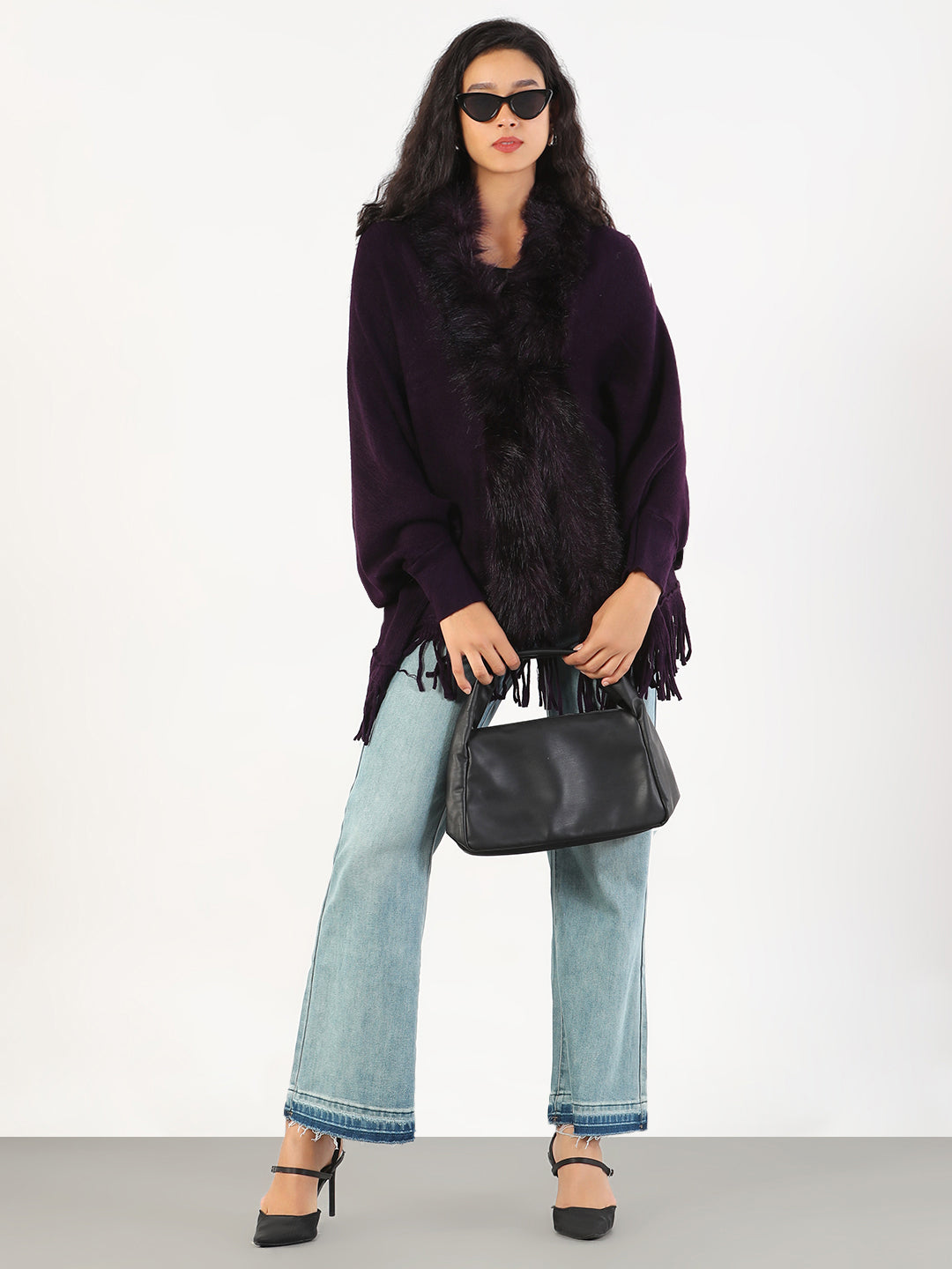 Women V-Neck Solid Purple Longline Poncho