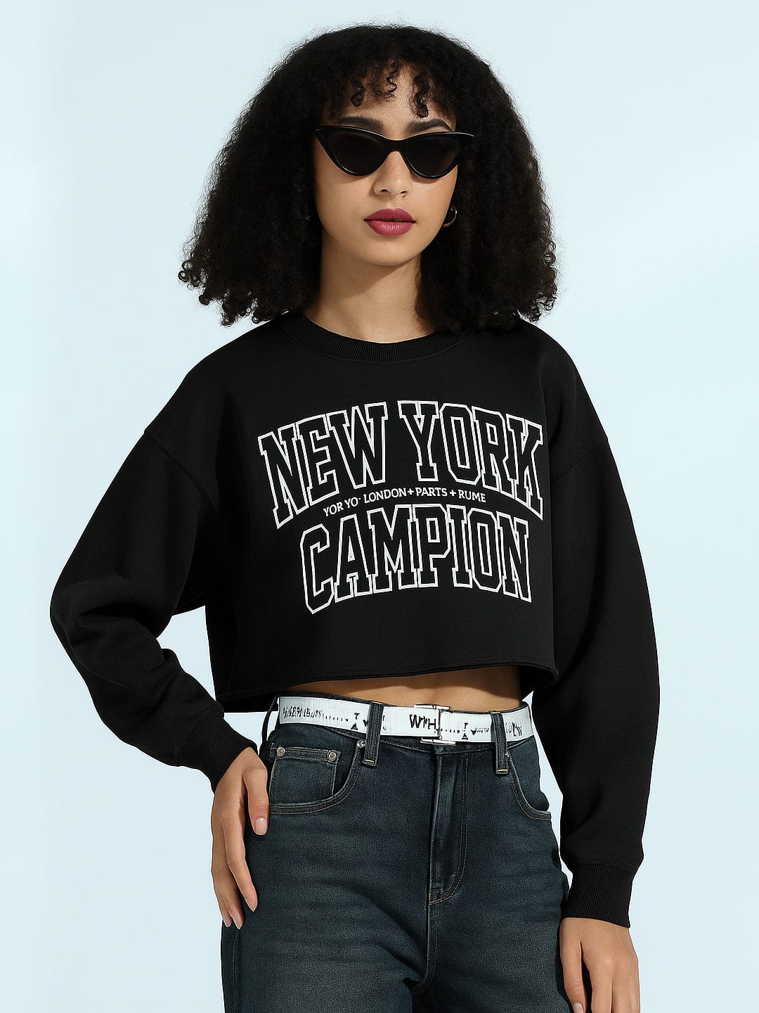 Women's Printed Black Urban Street Style Cropped Sweatshirt Top