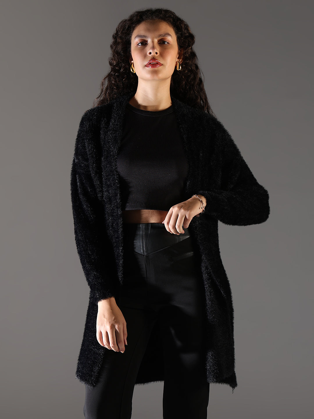 Women Black Solid Longline Shrug