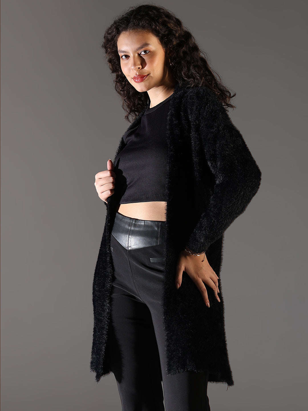 Women Black Solid Longline Shrug