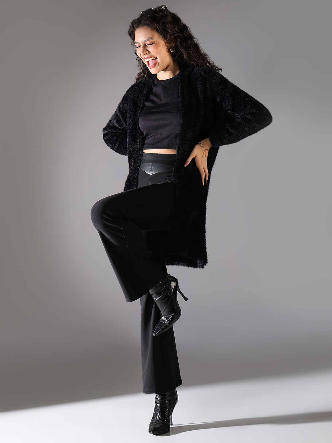 Women Black Solid Longline Shrug