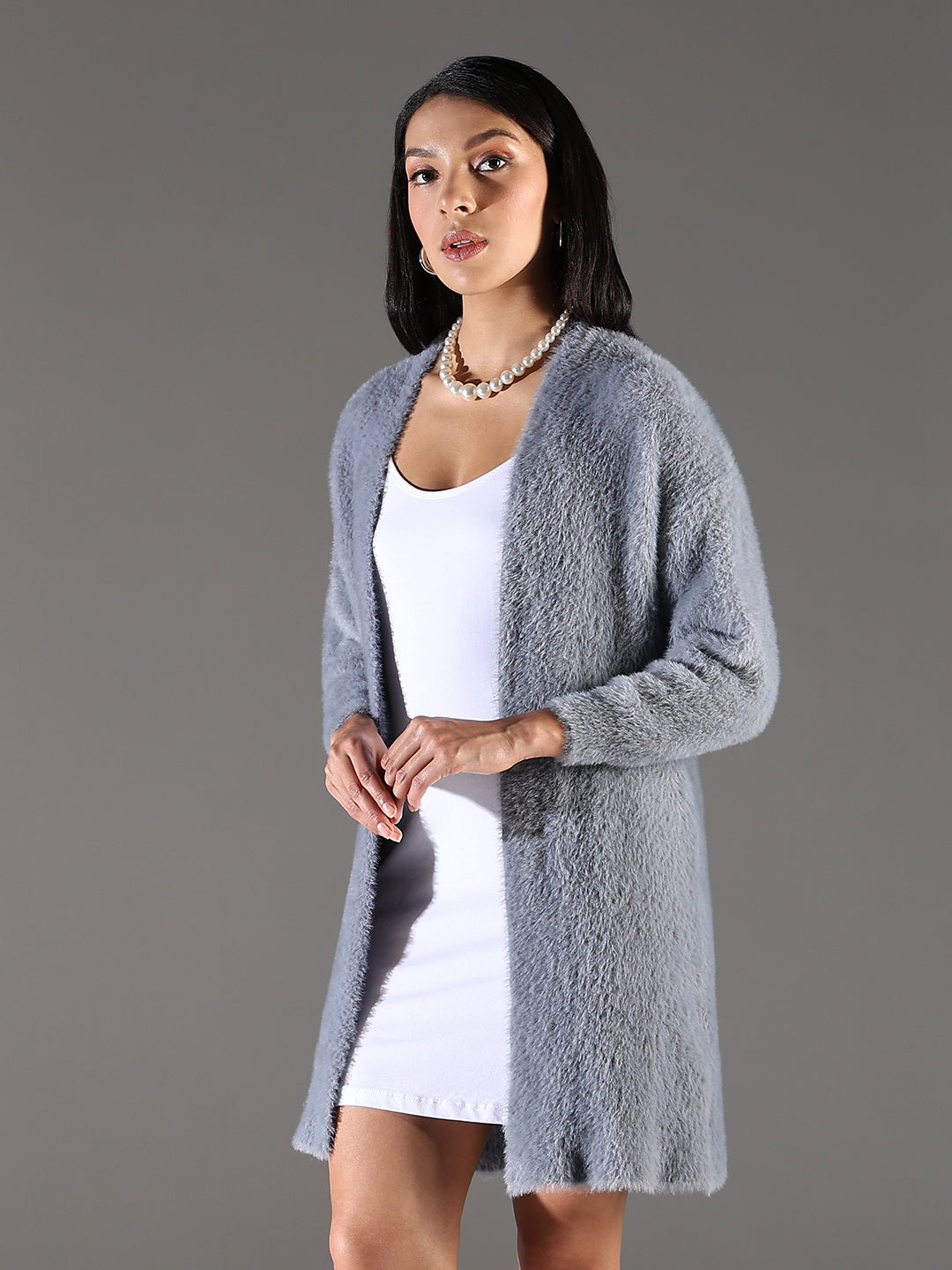 Women Grey Solid Longline Shrug