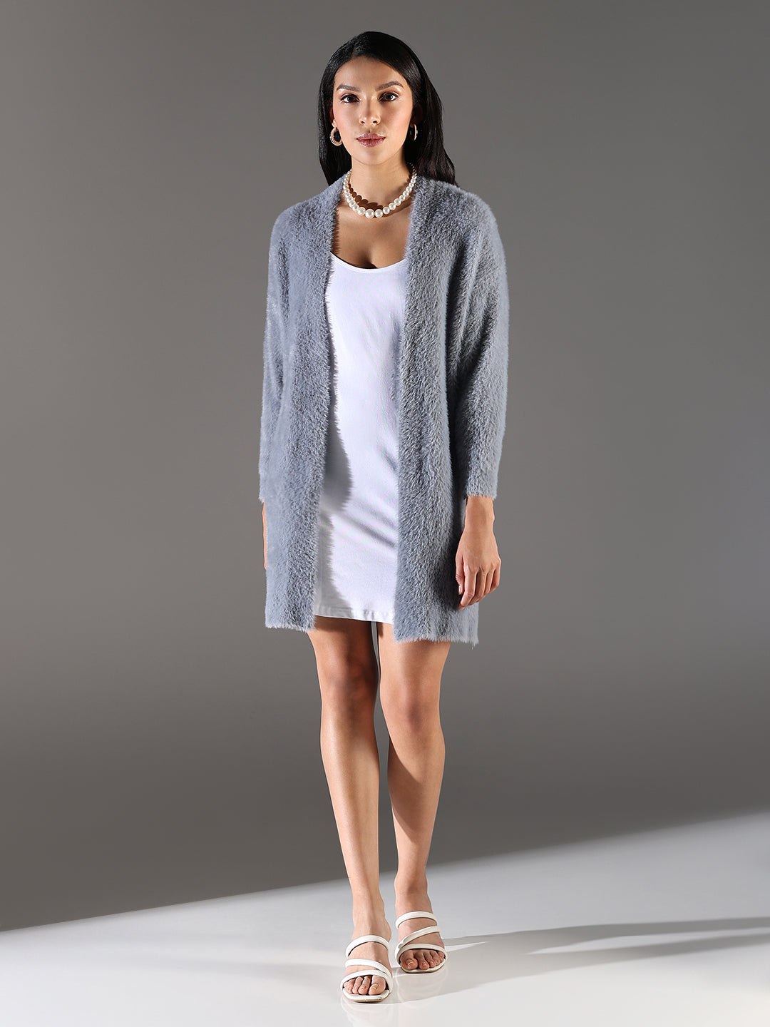 Women Grey Solid Longline Shrug