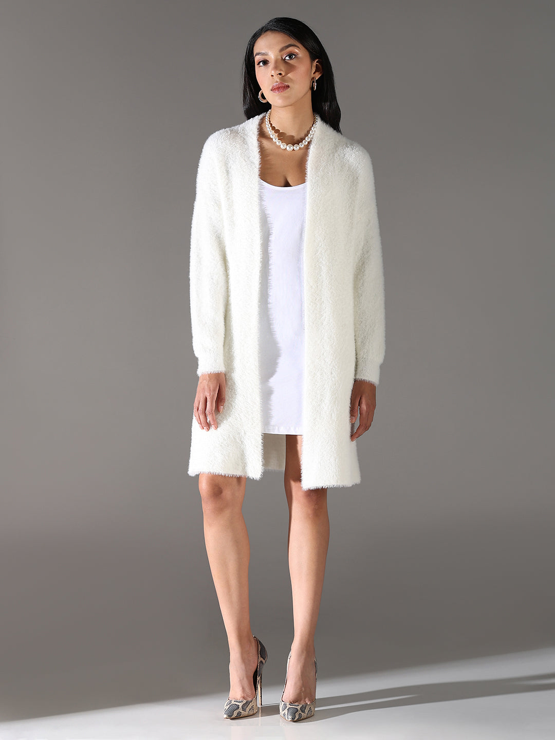 Women White Solid Longline Shrug