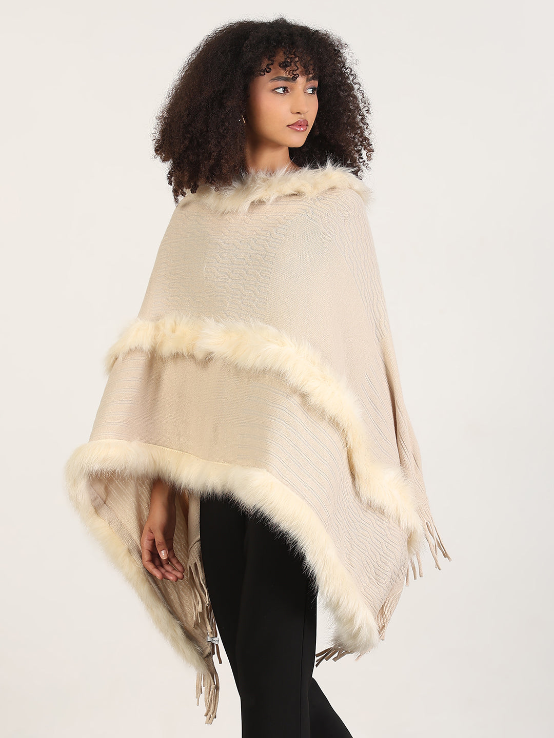 Women's Solid Cream Fringed Edge Poncho