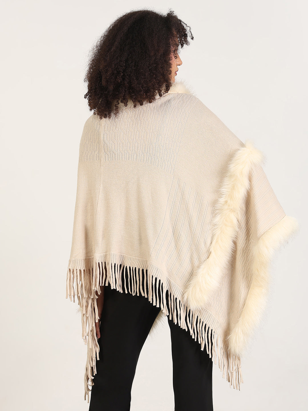Women's Solid Cream Fringed Edge Poncho
