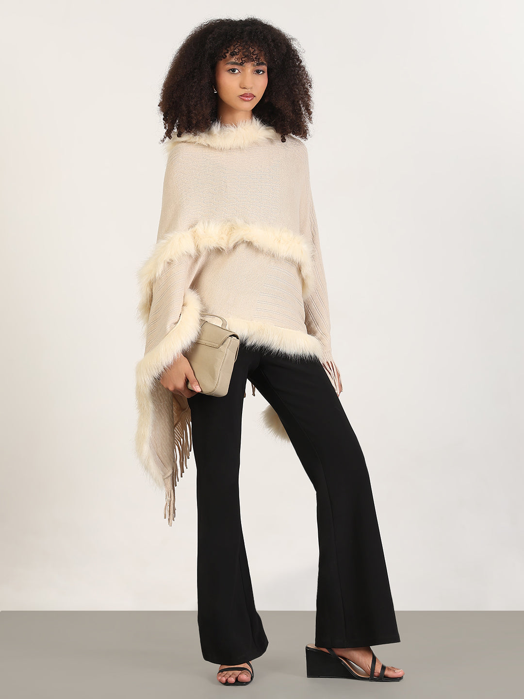 Women's Solid Cream Fringed Edge Poncho