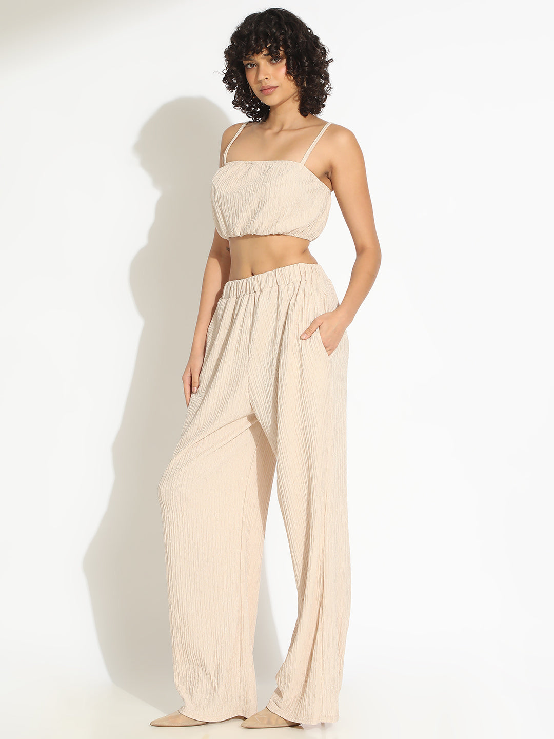 Women's Textured Beige Spaghetti Crop Top with Pants Co-Ords Set