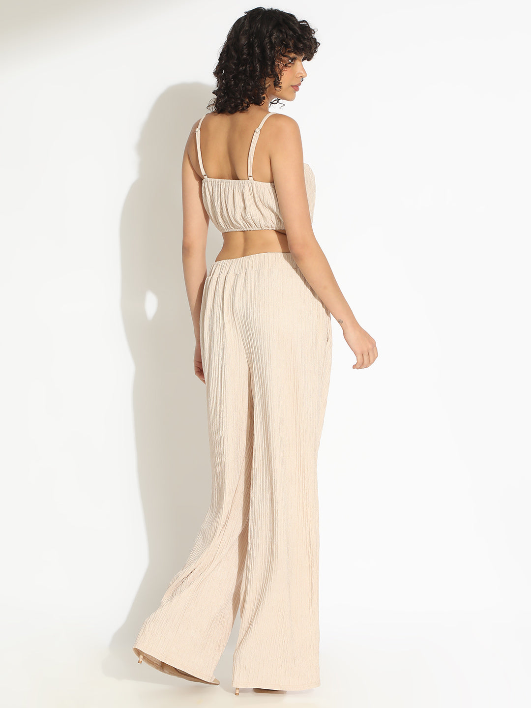 Women's Textured Beige Spaghetti Crop Top with Pants Co-Ords Set