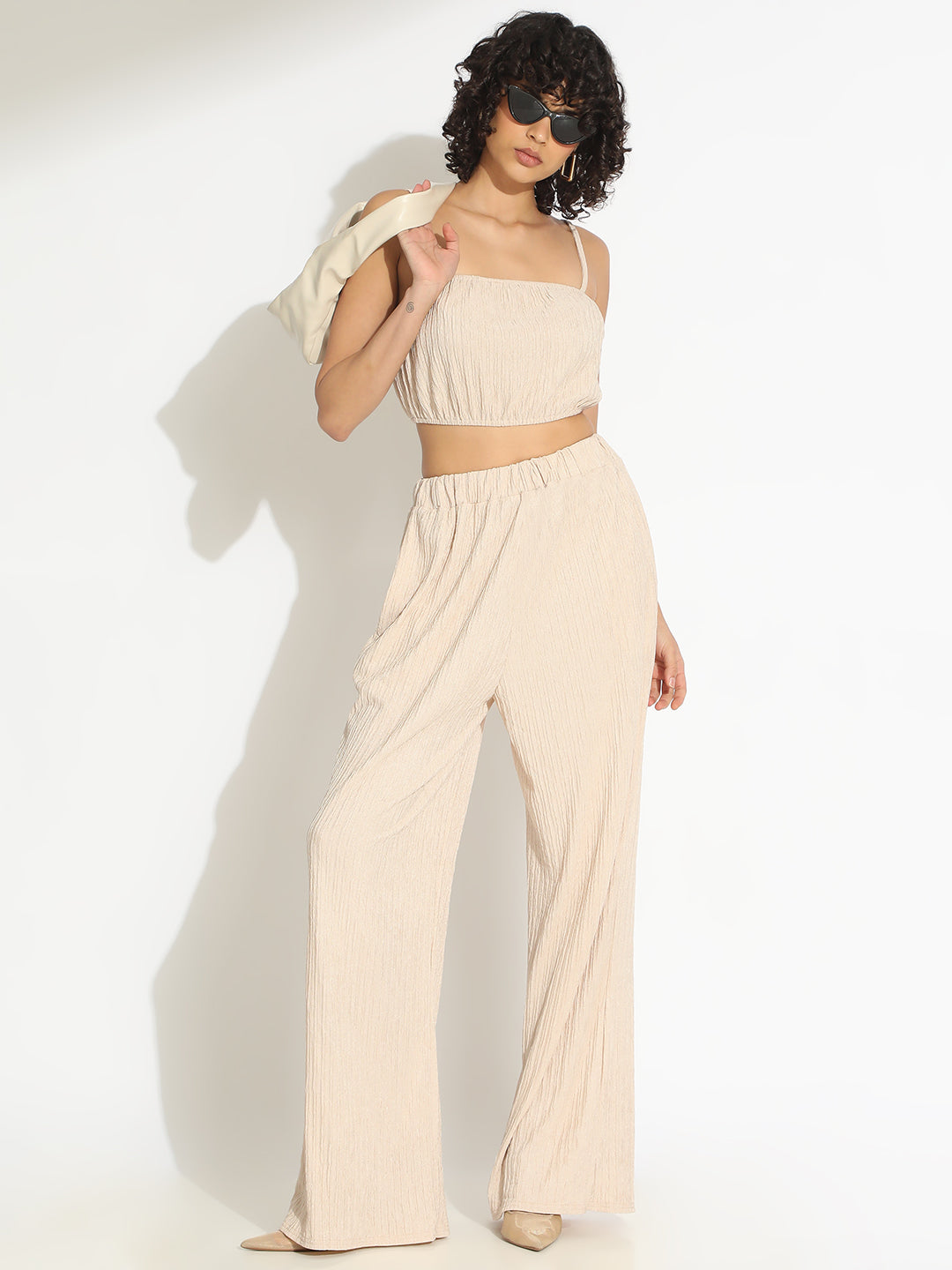 Women's Textured Beige Spaghetti Crop Top with Pants Co-Ords Set