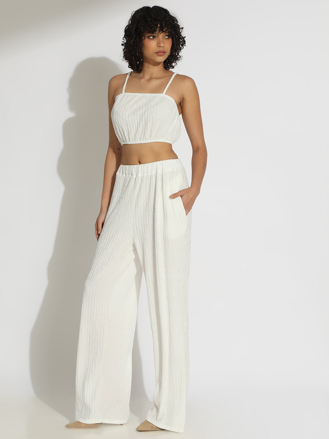 Women's Textured White Spaghetti Crop Top with Pants Co-Ords Set
