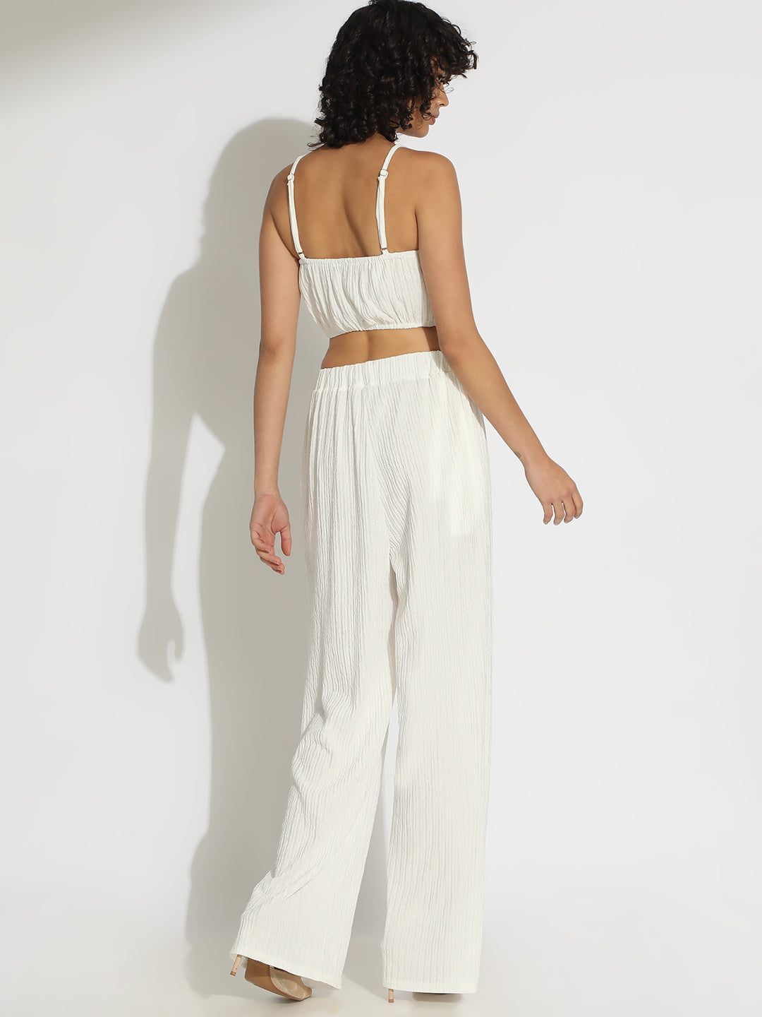 Women's Textured White Spaghetti Crop Top with Pants Co-Ords Set