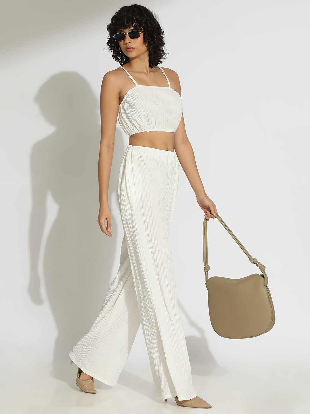 Women's Textured White Spaghetti Crop Top with Pants Co-Ords Set