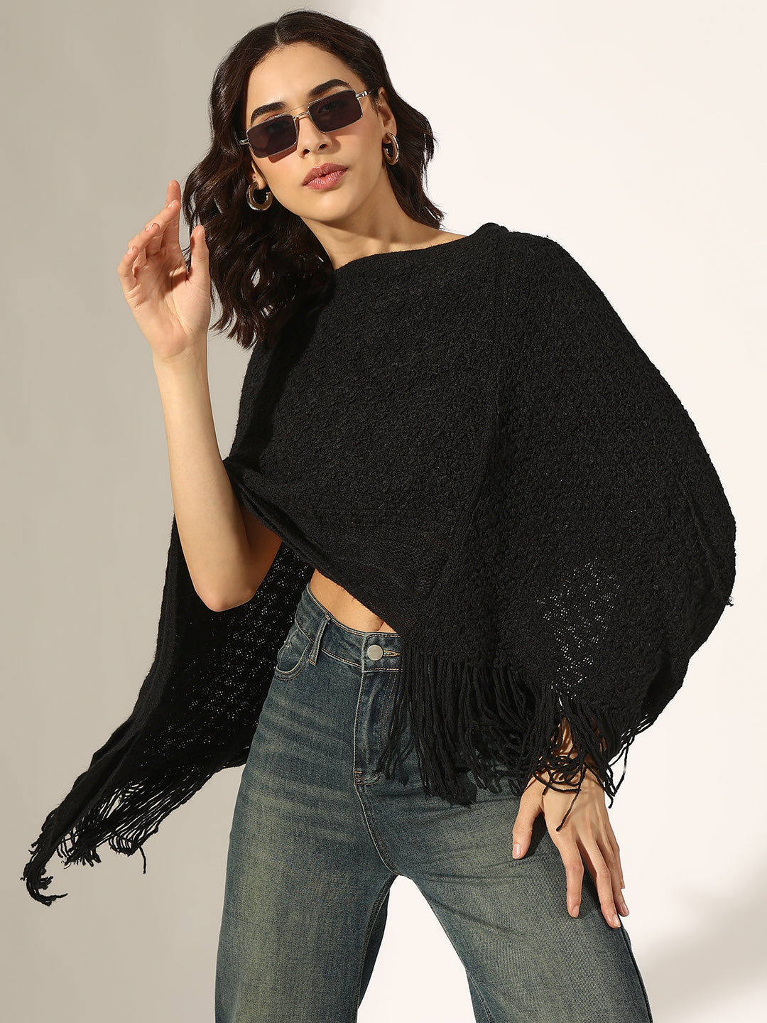 Women's Textured Black Poncho with Fringed Hem