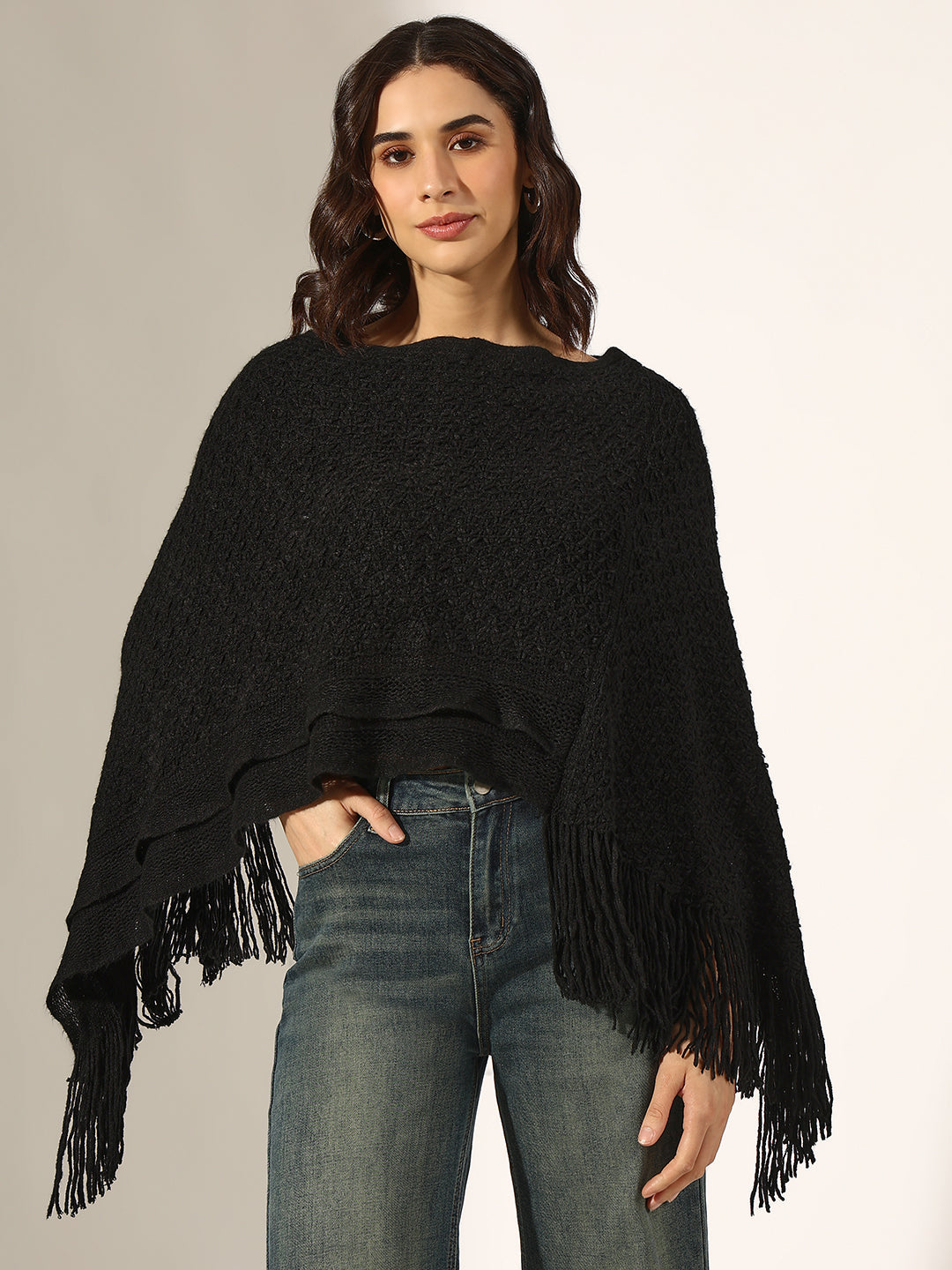 Women's Textured Black Poncho with Fringed Hem