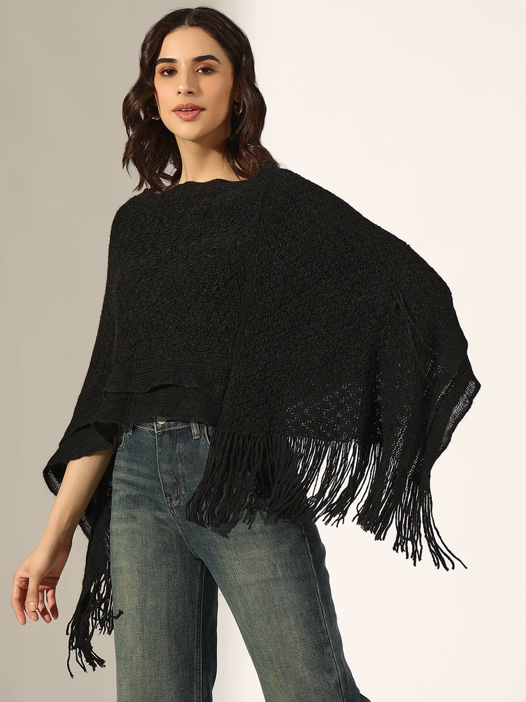 Women's Textured Black Poncho with Fringed Hem