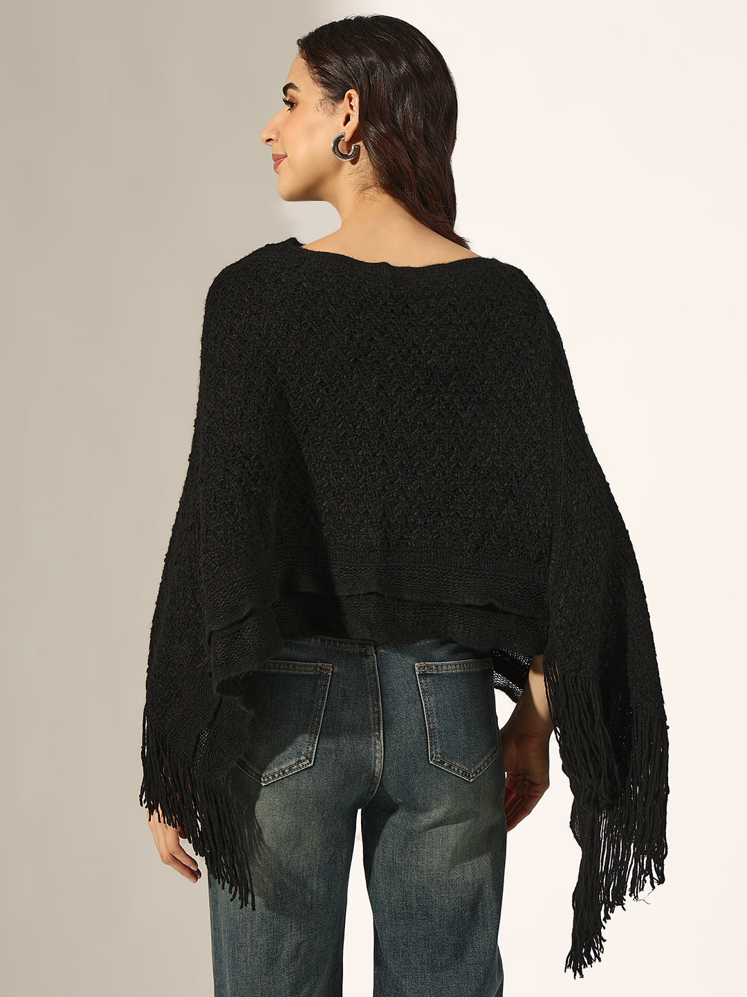 Women's Textured Black Poncho with Fringed Hem