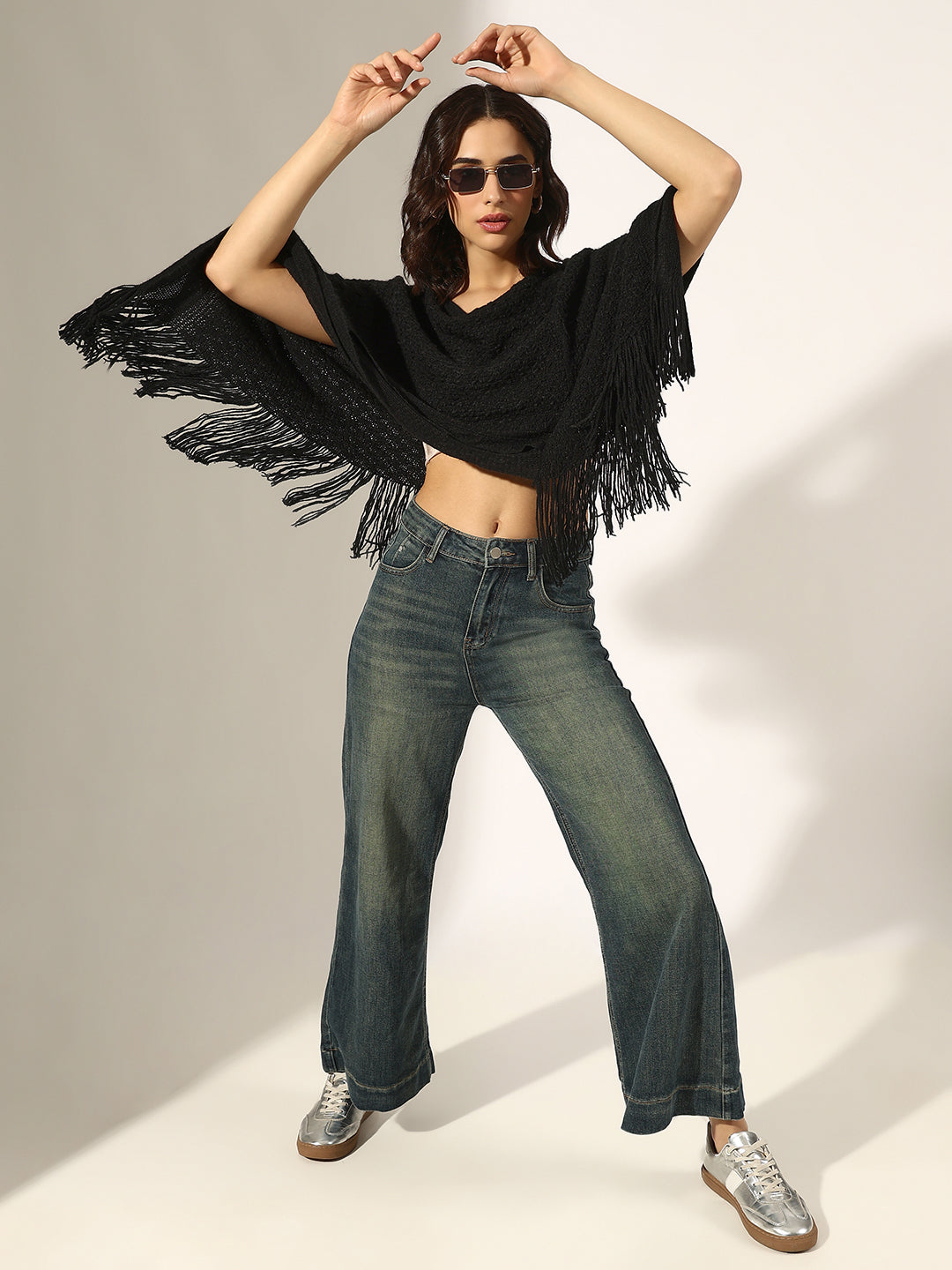 Women's Textured Black Poncho with Fringed Hem