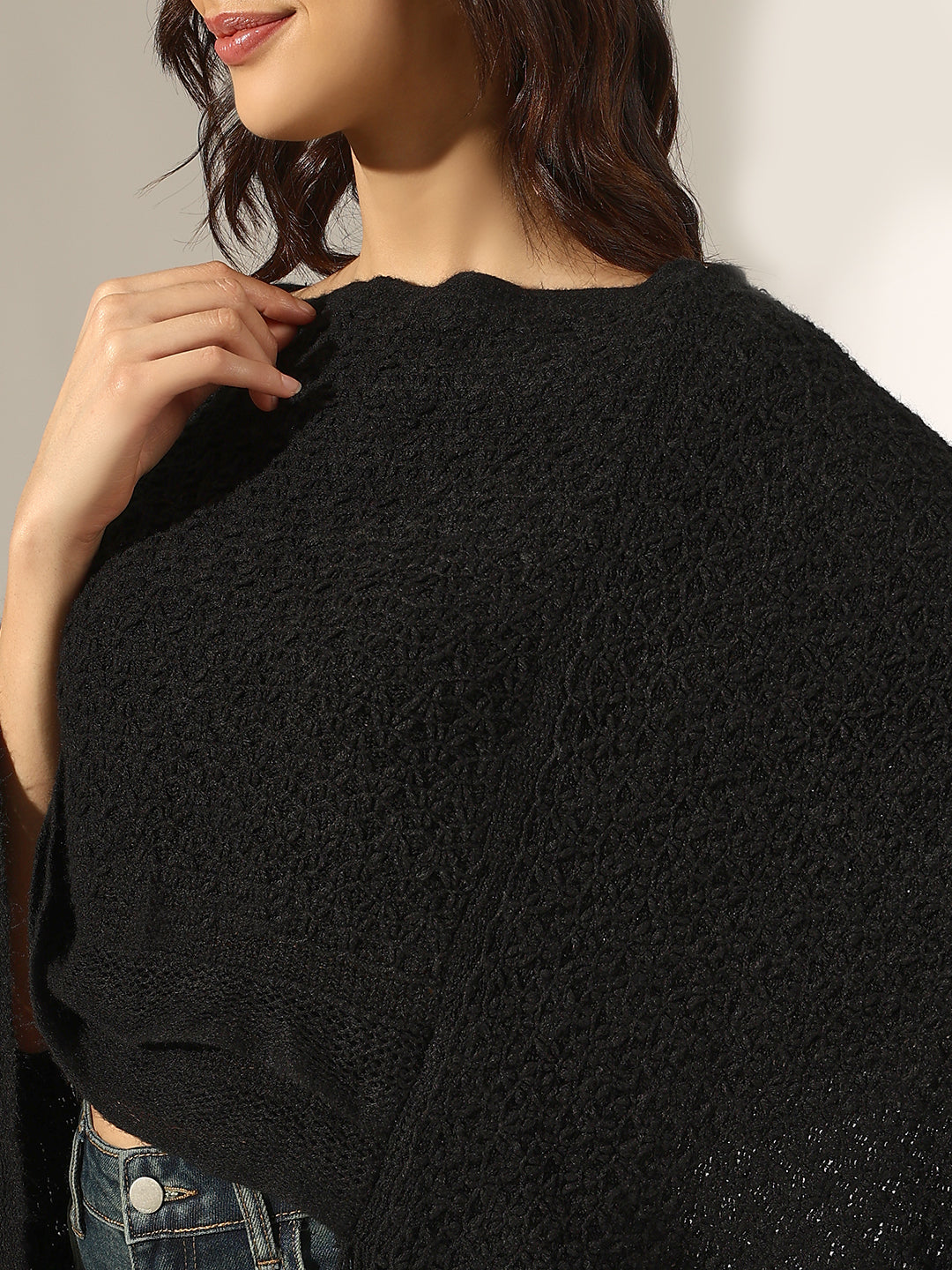 Women's Textured Black Poncho with Fringed Hem