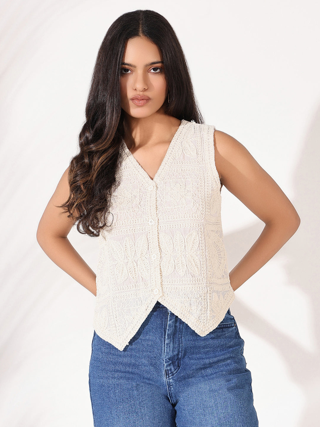 Women Cream Solid Vest Top