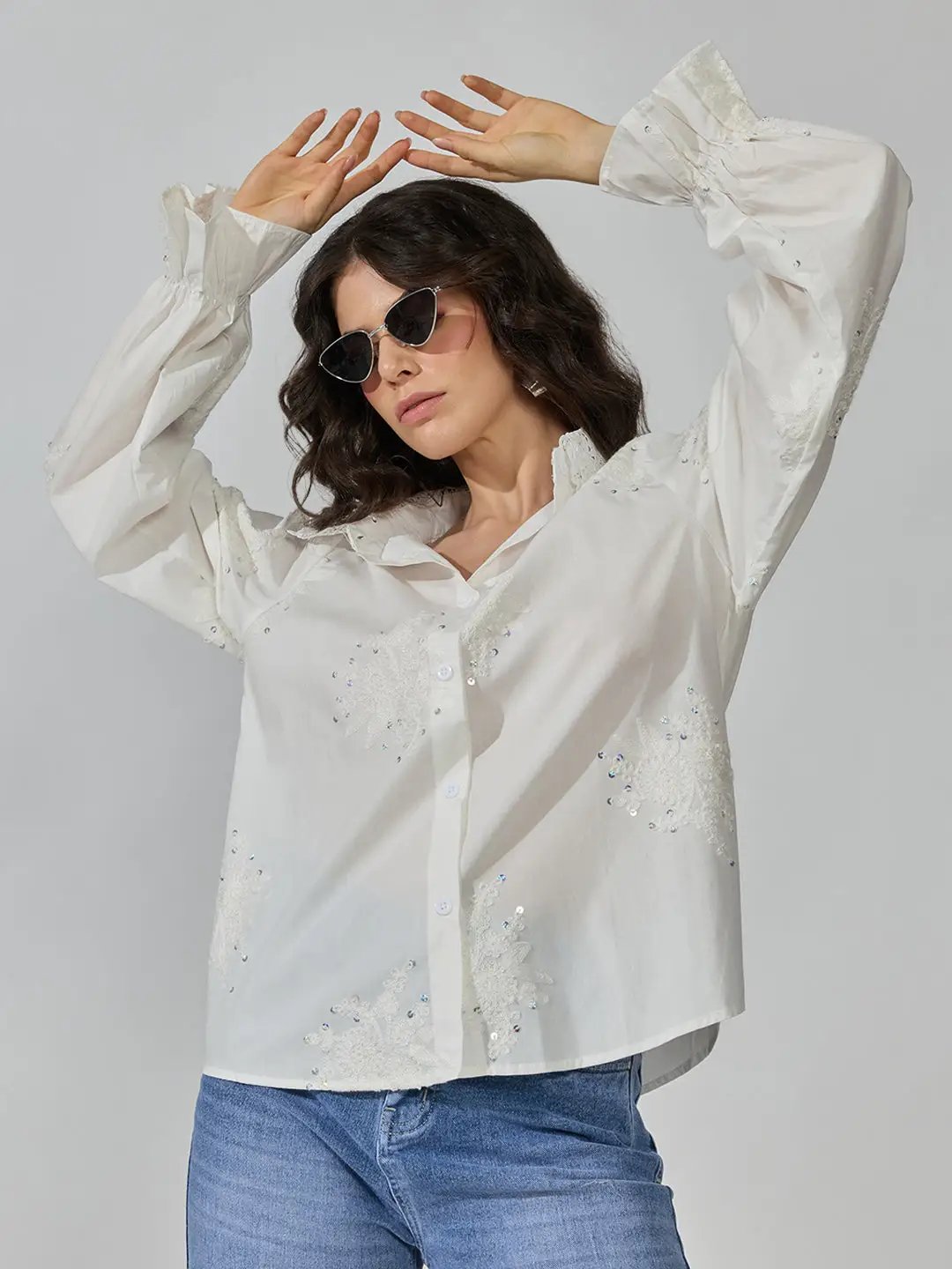 Women's White Floral Embroidered Shirt with Lace Collar & Sequin Detail