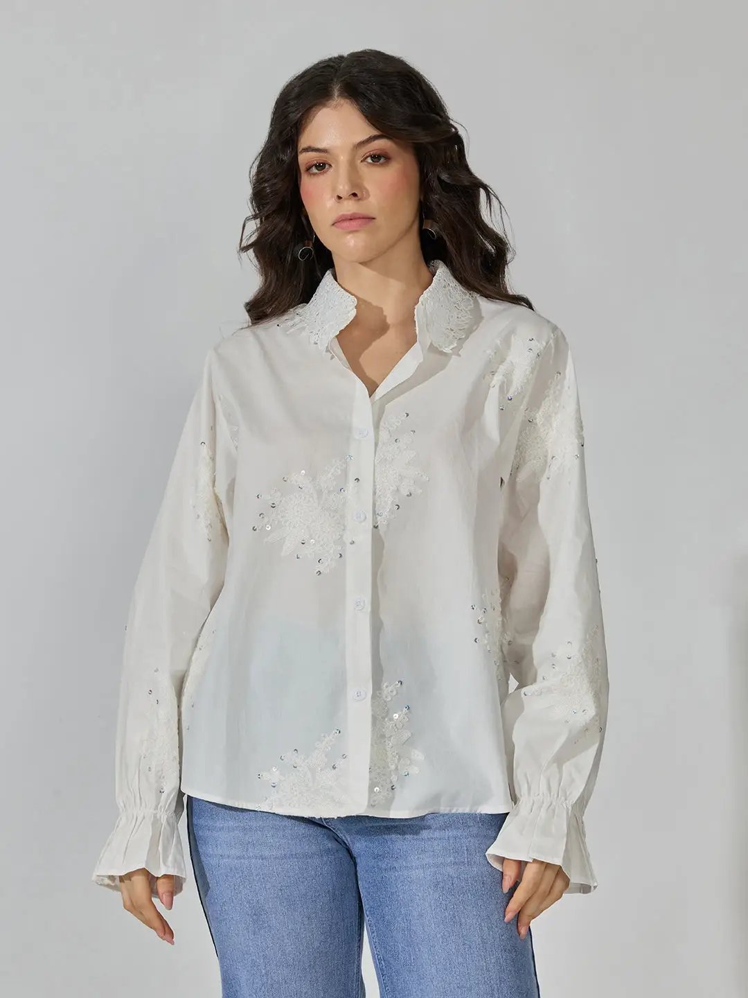 Women's White Floral Embroidered Shirt with Lace Collar & Sequin Detail