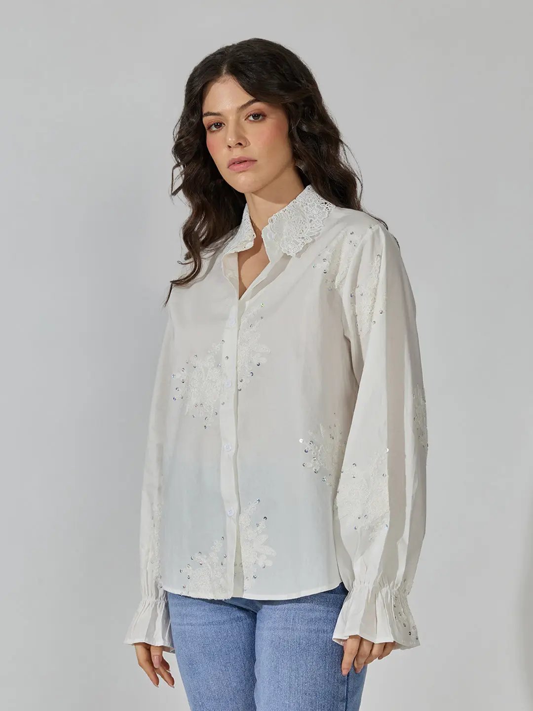 Women's White Floral Embroidered Shirt with Lace Collar & Sequin Detail