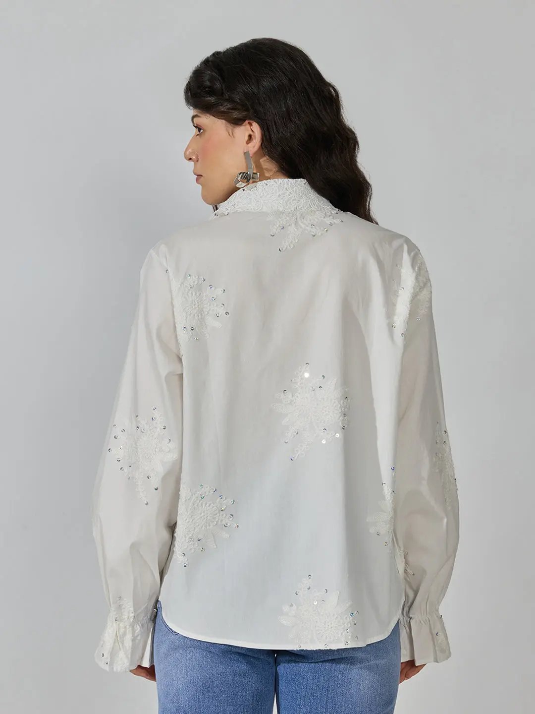 Women's White Floral Embroidered Shirt with Lace Collar & Sequin Detail