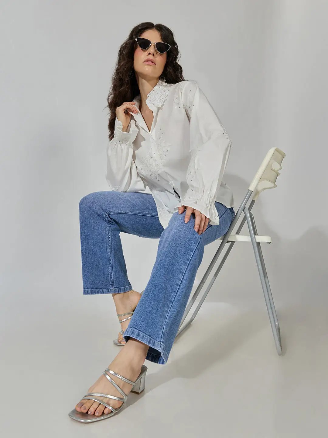Women's White Floral Embroidered Shirt with Lace Collar & Sequin Detail