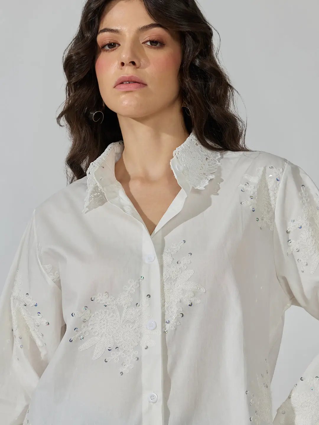 Women's White Floral Embroidered Shirt with Lace Collar & Sequin Detail