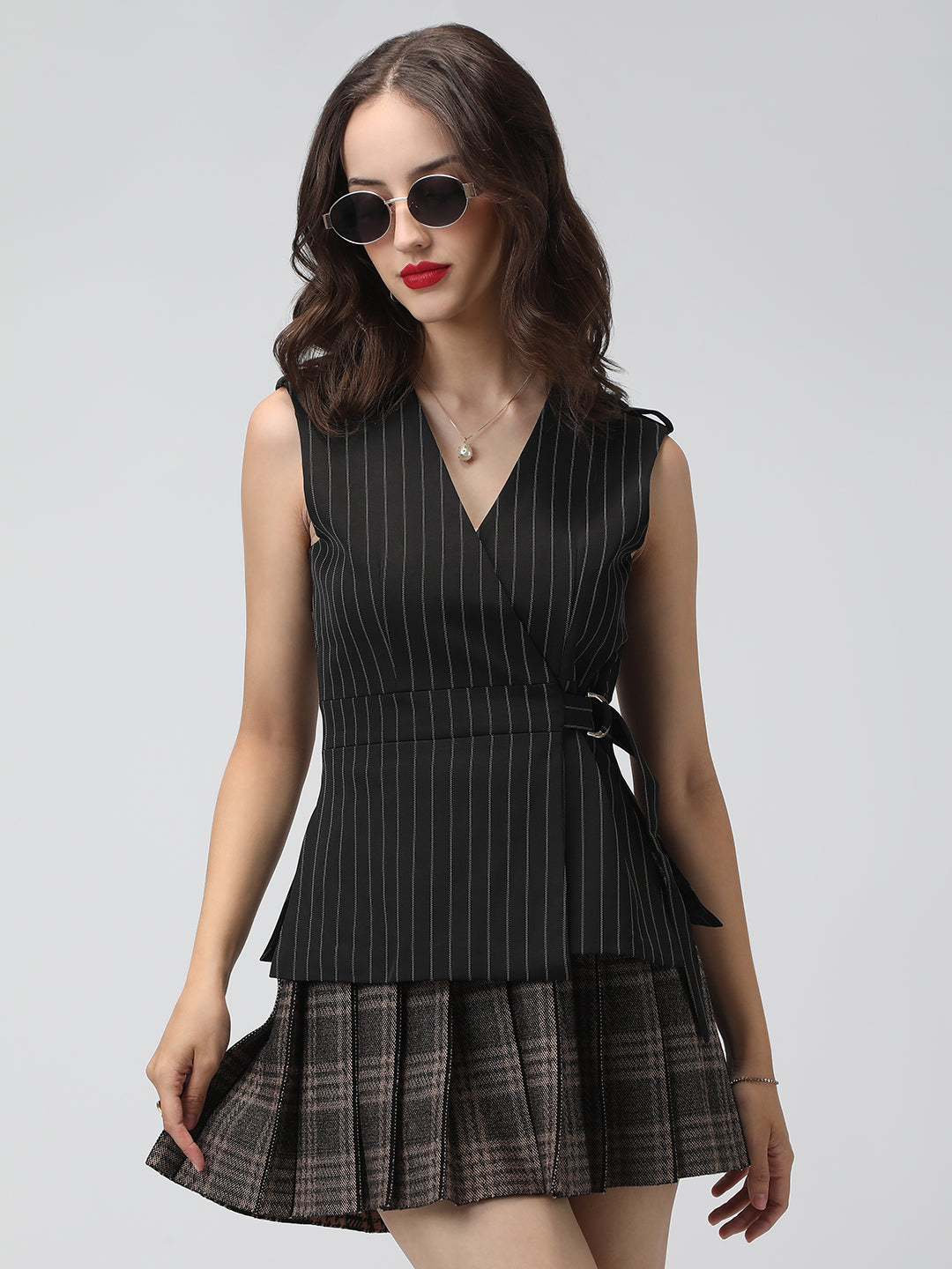 Women's Black Pinstriped Vest Style Wrap Blazer