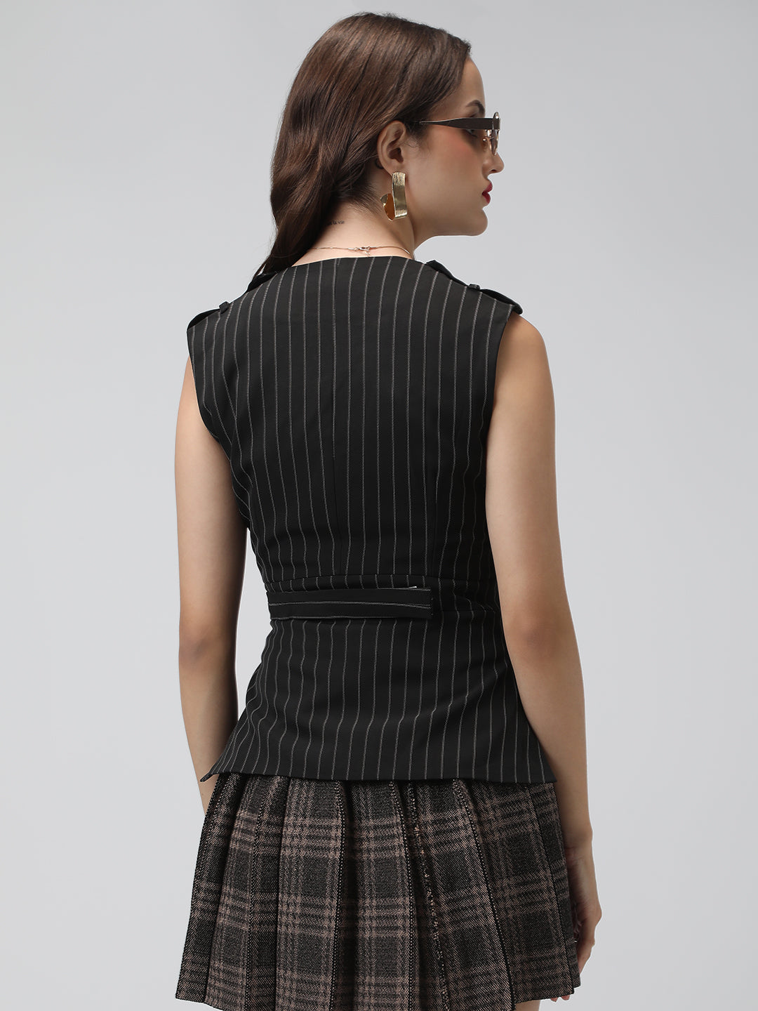 Women's Black Pinstriped Vest Style Wrap Blazer