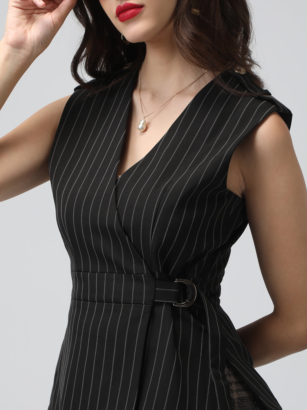 Women's Black Pinstriped Vest Style Wrap Blazer