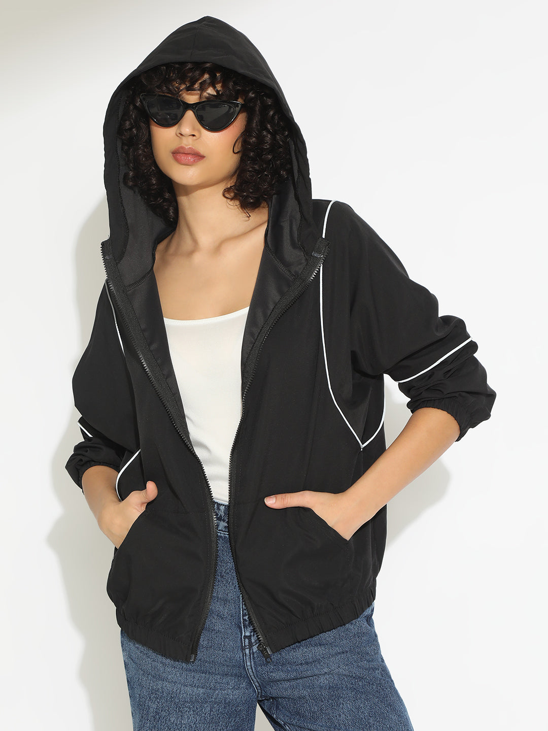 Women's Black Hooded Bomber Jacket with Contrast Detail
