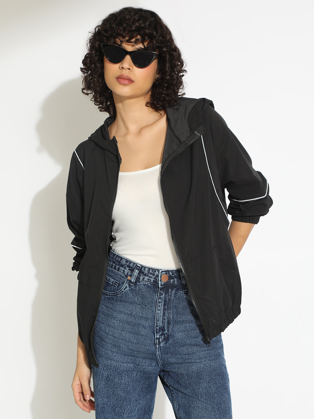 Women's Black Hooded Bomber Jacket with Contrast Detail