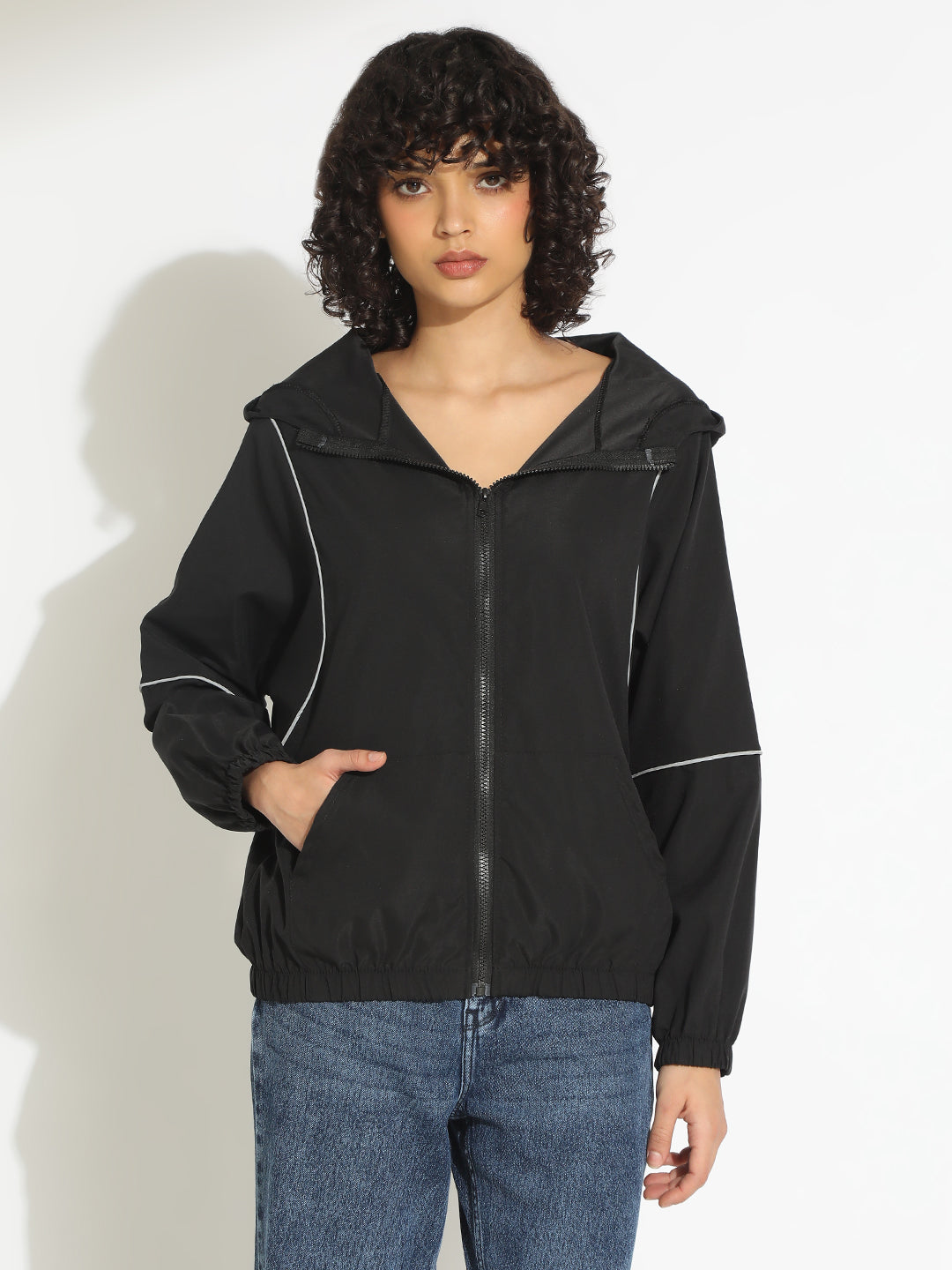 Women's Black Hooded Bomber Jacket with Contrast Detail