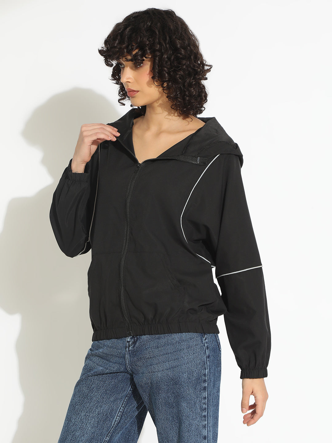 Women's Black Hooded Bomber Jacket with Contrast Detail