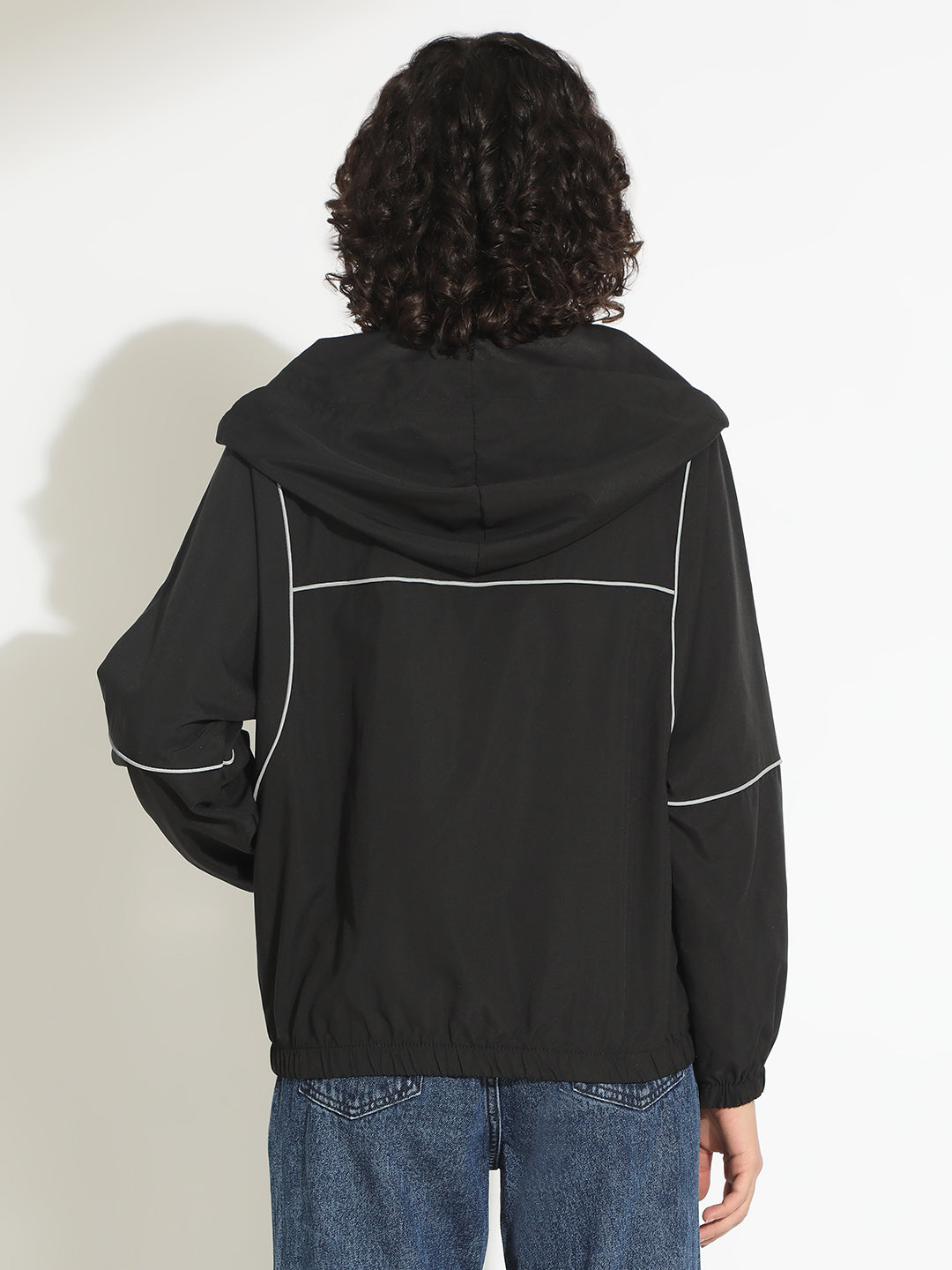 Women's Black Hooded Bomber Jacket with Contrast Detail
