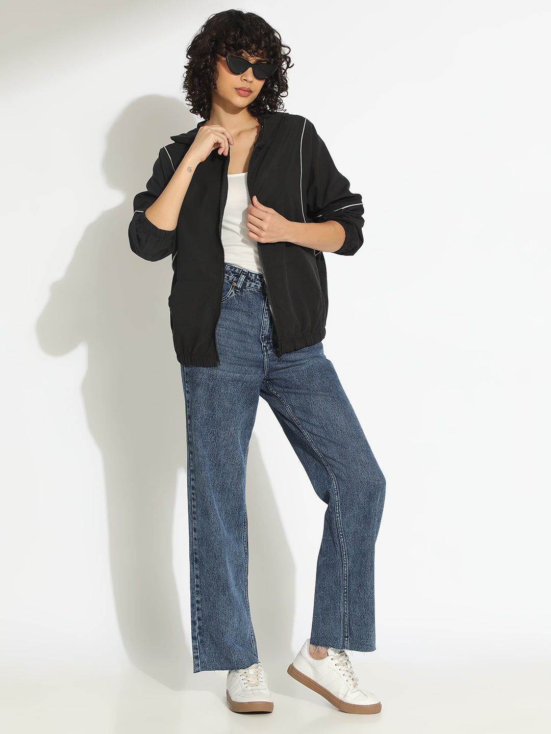 Women's Black Hooded Bomber Jacket with Contrast Detail