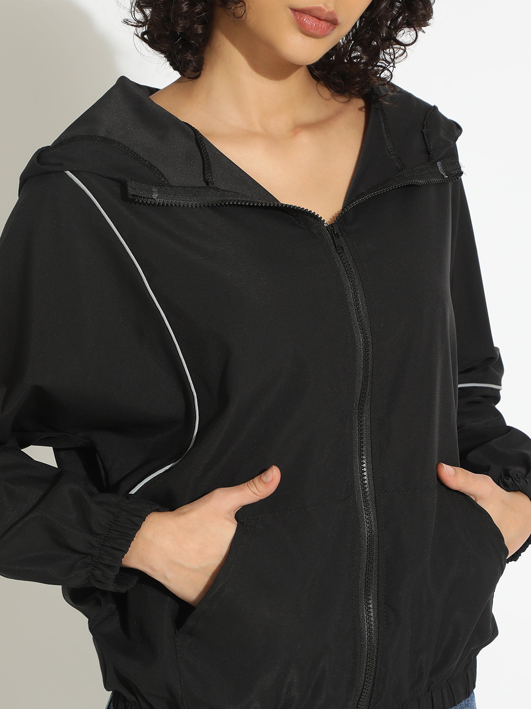 Women's Black Hooded Bomber Jacket with Contrast Detail