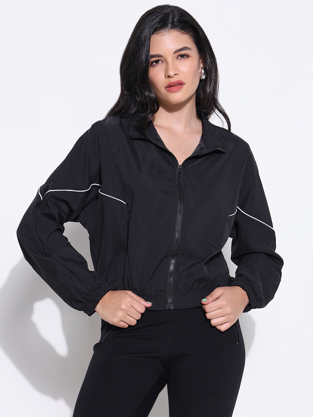 Women Solid Black Bomber Jacket