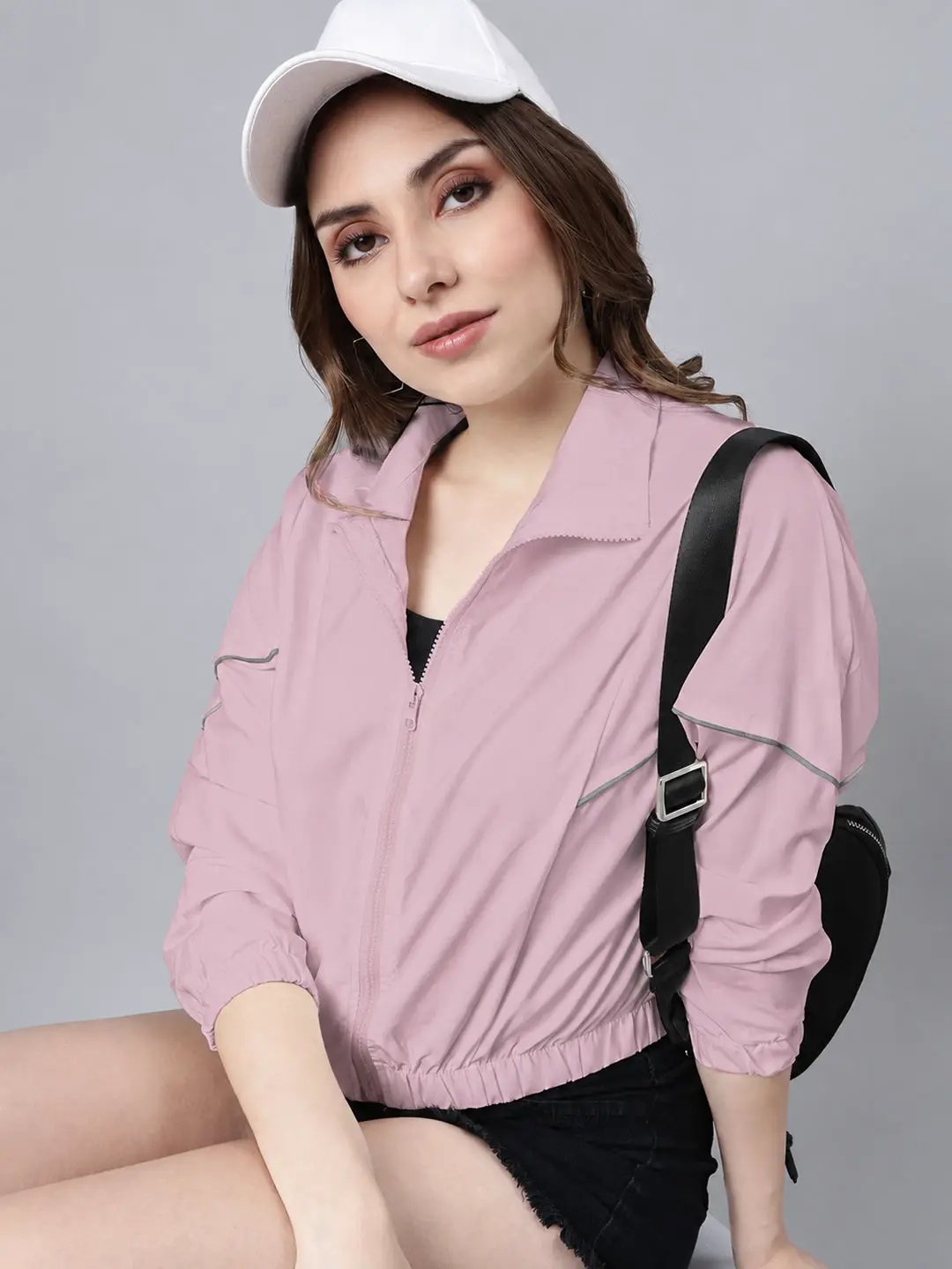 Women's Pink High Neck Zip Up Jacket with Contrast Piping and Elasticated Hem