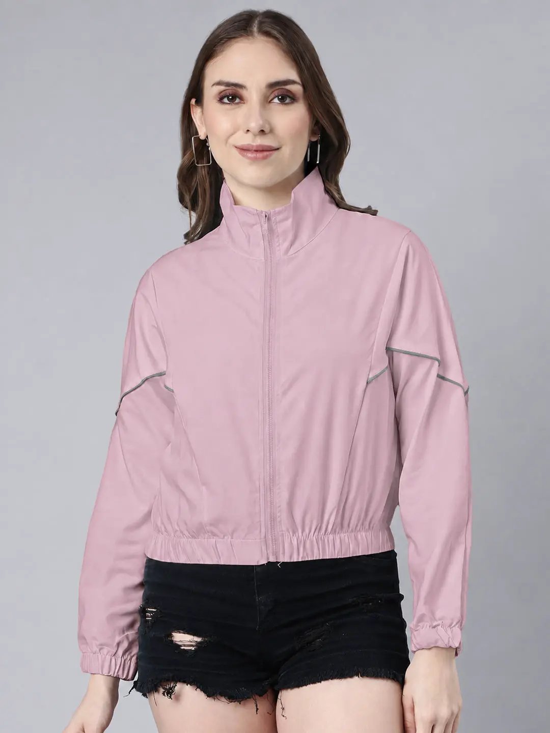 Women's Pink High Neck Zip Up Jacket with Contrast Piping and Elasticated Hem