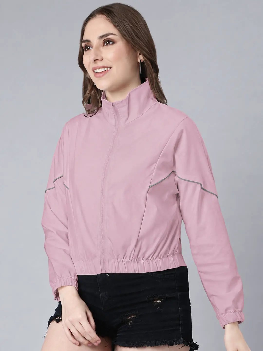 Women's Pink High Neck Zip Up Jacket with Contrast Piping and Elasticated Hem