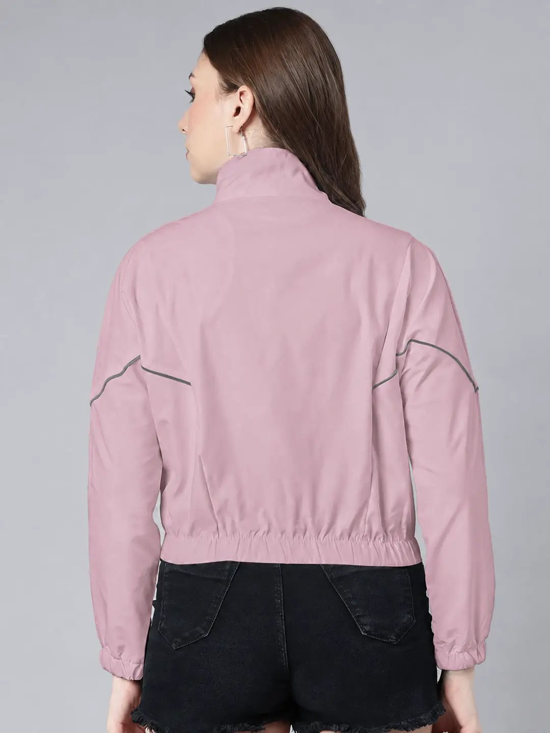 Women's Pink High Neck Zip Up Jacket with Contrast Piping and Elasticated Hem