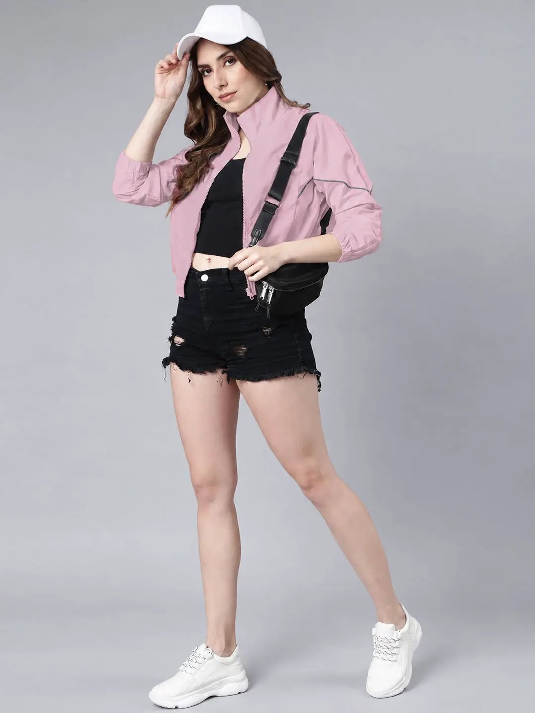 Women's Pink High Neck Zip Up Jacket with Contrast Piping and Elasticated Hem