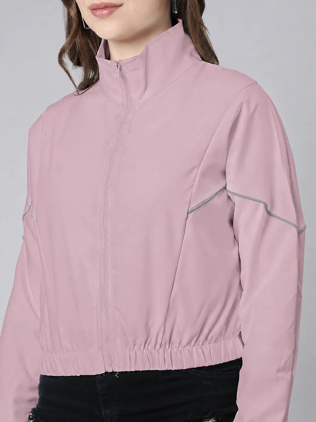 Women's Pink High Neck Zip Up Jacket with Contrast Piping and Elasticated Hem