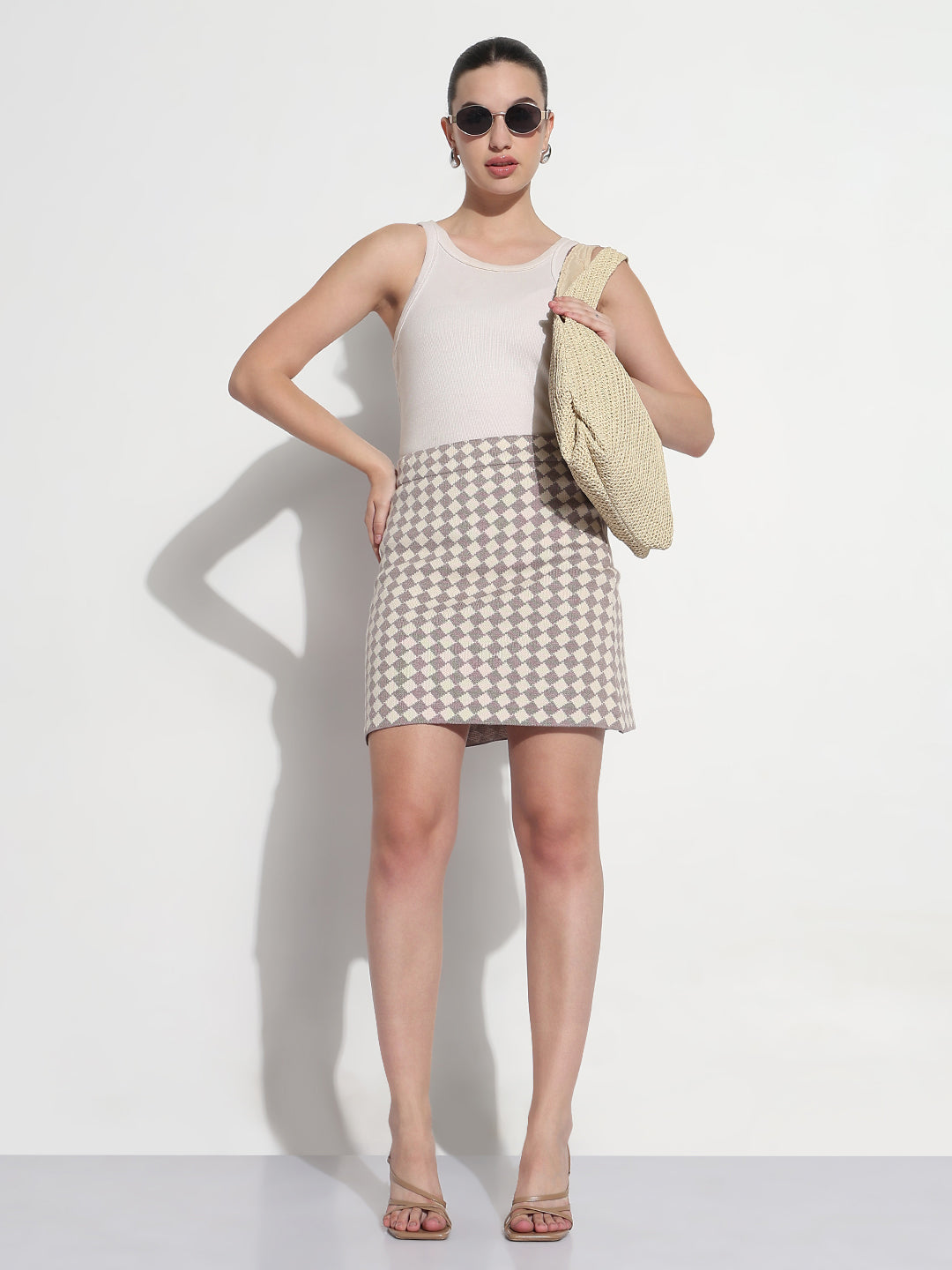 Women's Knitted Beige Checked Mini Skirt