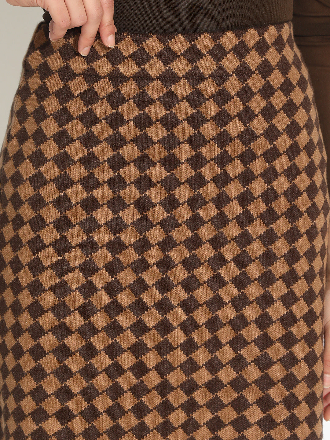 Women's Knitted Brown Checked Mini Skirt
